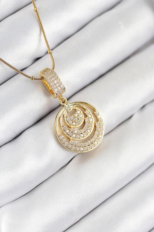 316L Çelik Zirkon Taşlı Çember Model Gold Renk Kadın Kolye