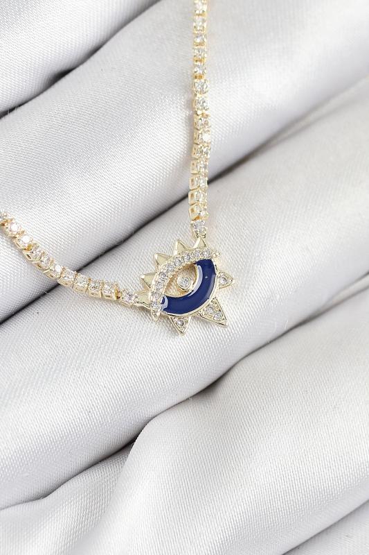 Pirinç Zirkon Taşlı Su Yolu Göz Model Gold Renk Kadın Kolye