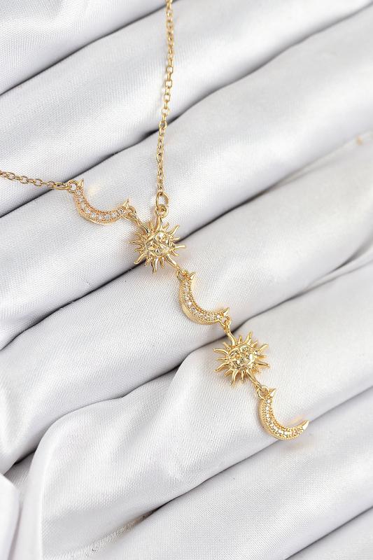 316L Çelik Zirkon Taşlı Güneş Ve Ay Model Gold Renk Kadın Kolye