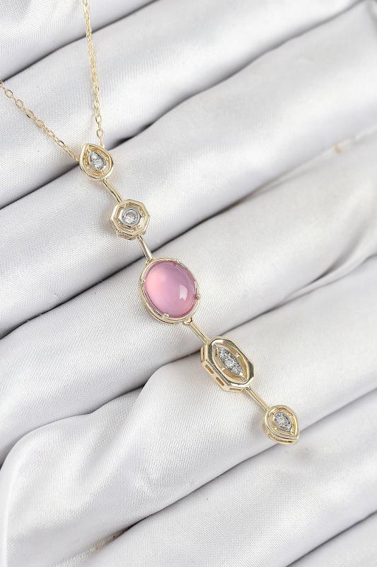 Pirinç Zincir Pembe Gold Renk Zirkon Taşlı Y Kolye