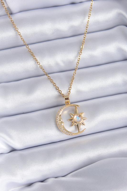 316L Çelik Gold Renk Zirkon Taşlı Ay Yıldız Model Kadın Kolye