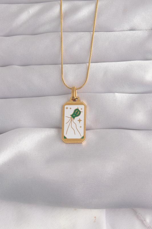 316L Çelik Gold Renk Beyaz Mineli Tarot Kolye