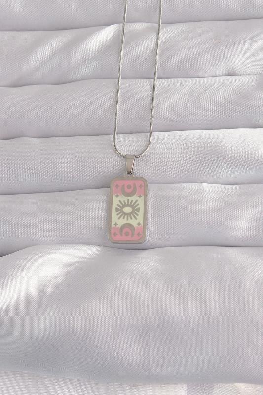 316L Çelik Gümüş Renk Pembe Mineli Ay Figür Tarot Kolye
