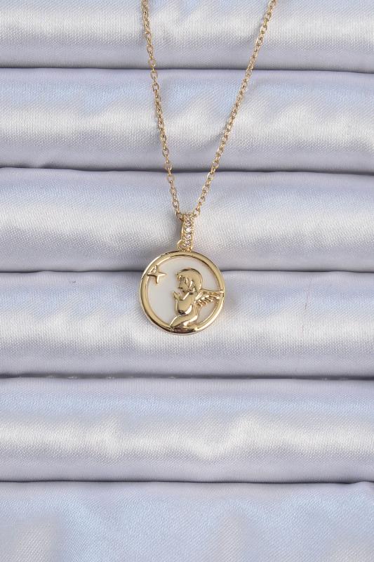316L Çelik Zincir Gold Renk Zirkon Taşlı Mineli Melek Kolye