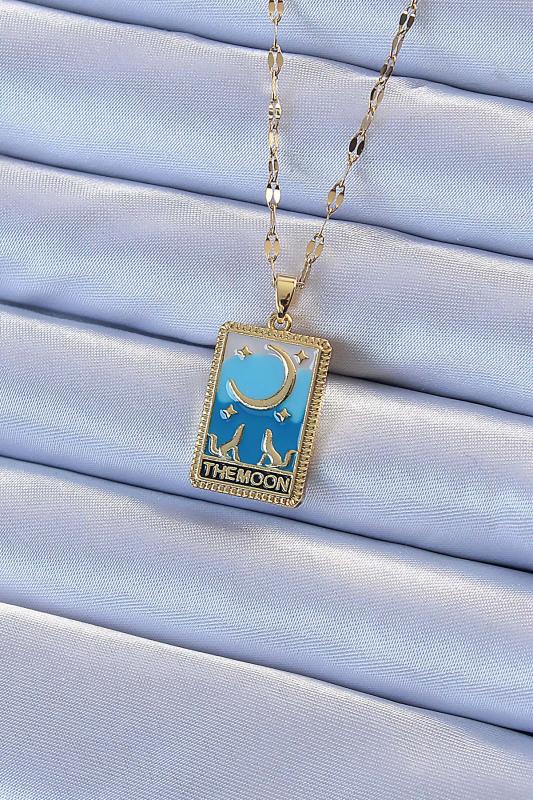 316L Çelik Zincir Gold Renk Mavi Mineli Ay Figür Tarot Kolye