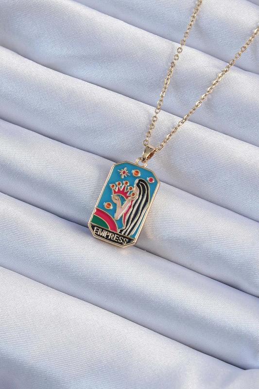 316L Çelik Zincir Gold Renk Taç ve Kız Figürlü Renkli Mineli Tarot Kolye
