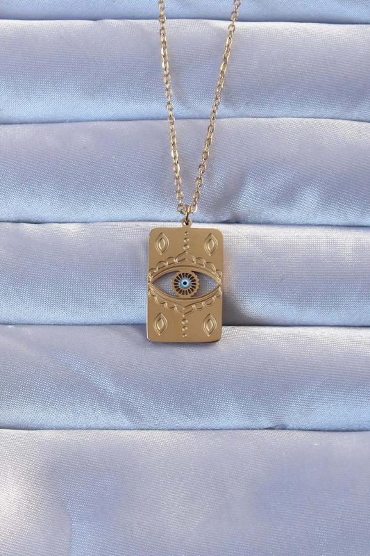 316L Çelik Gold Renk İşlemeli Nazarlı Vintage Kolye