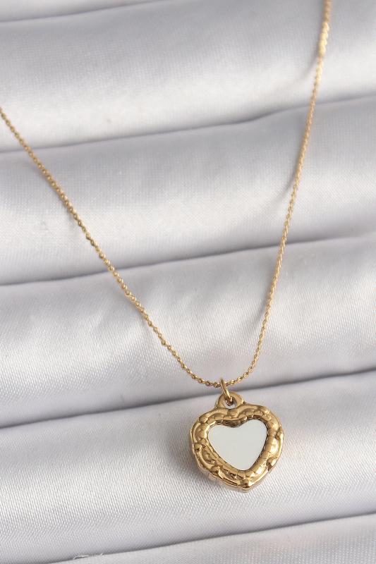 316L Çelik Gold Renk Zincir Sedefli Kalp Model Kadın Kolye