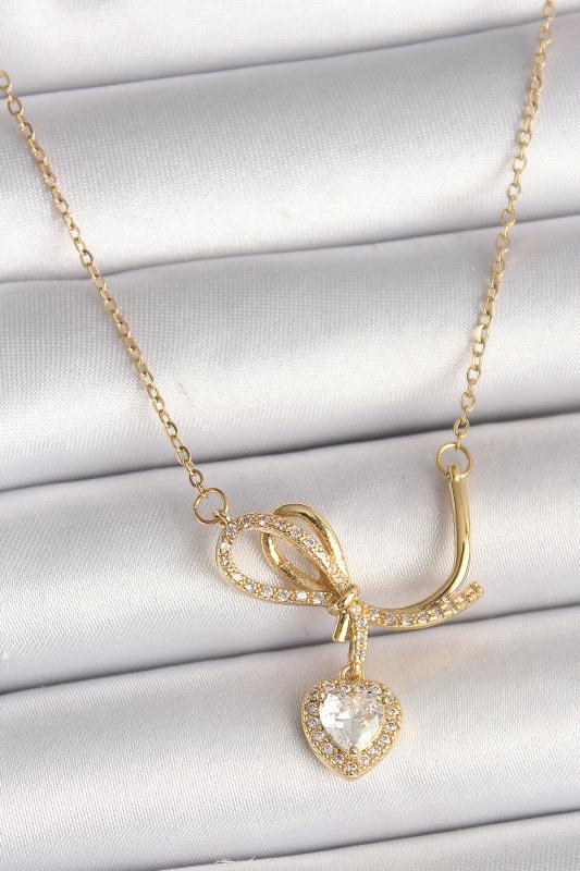 316L Çelik Gold Renk Zincir Zirkon Taşlı Düğüm Sallantı Kalp Model Kadın Kolye