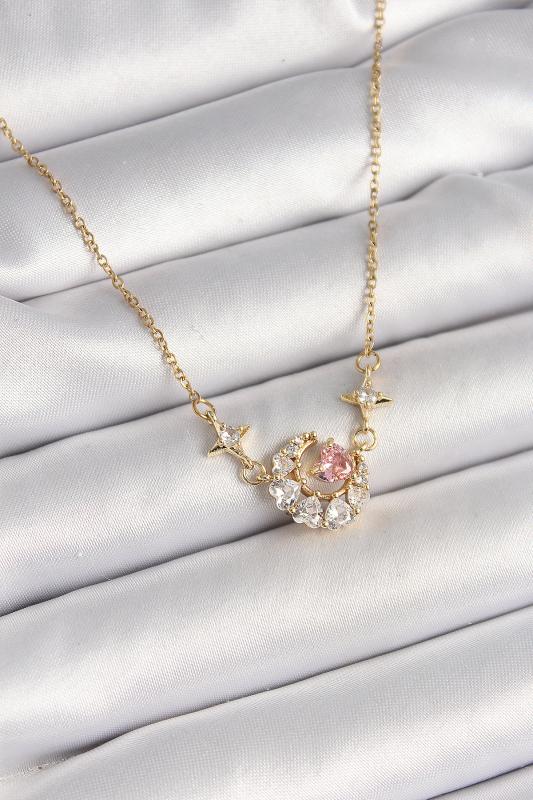 316L Çelik Gold Renk Zirkon Taşlı Hilal Pembe Kalp Model Kadın Kolye