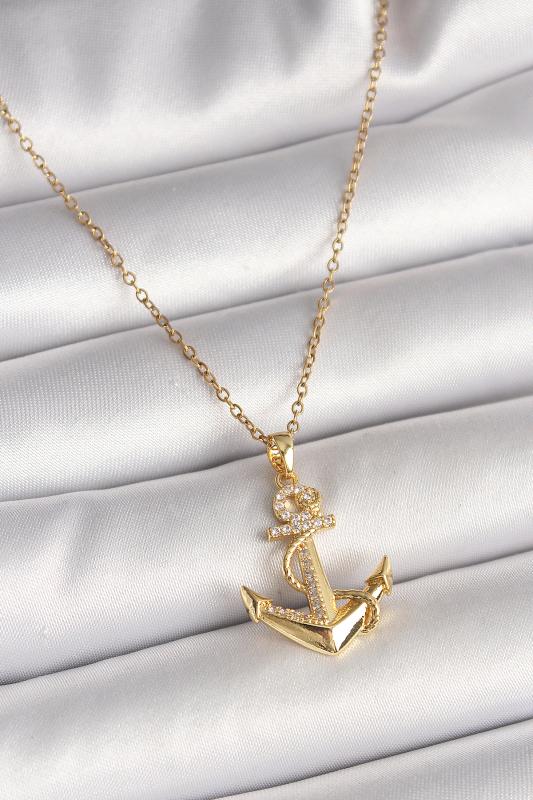316L Çelik Gold Renk Zincir Zirkon Taş Detaylı Çapa Model Kadın Kolye
