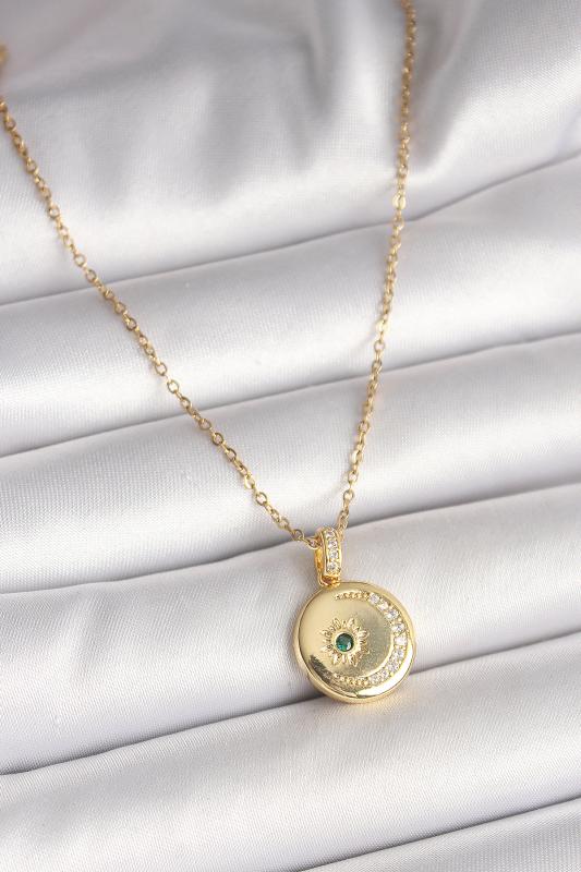 316L Çelik Gold Renk Zincir Zirkon Taş İşlemeli Hilal Yıldız İşlemeli Madalyon Model Kadın Kolye