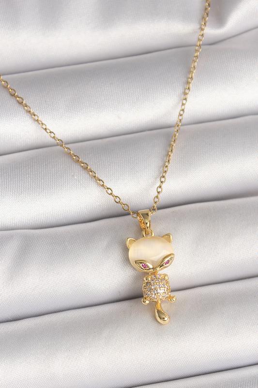 316L Çelik Gold Renk Zincir Zirkon Taşlı Kedi Model Kadın Kolye