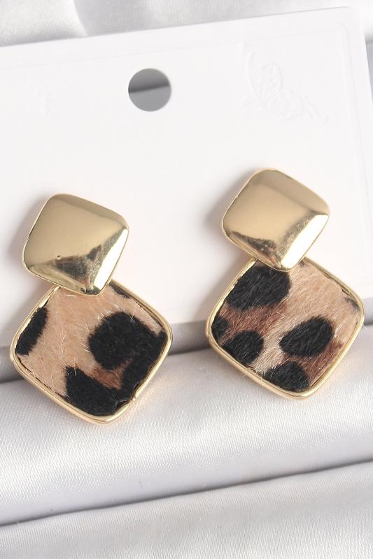 Pirinç Gold Renk Sallant Kare Leopar Desen Model Kadın Küpe