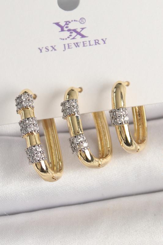 Pirinç Gold Renk 3’Lü Halka Model Gümüş Zirkon Taş Detaylı Kadın Kombin Küpe