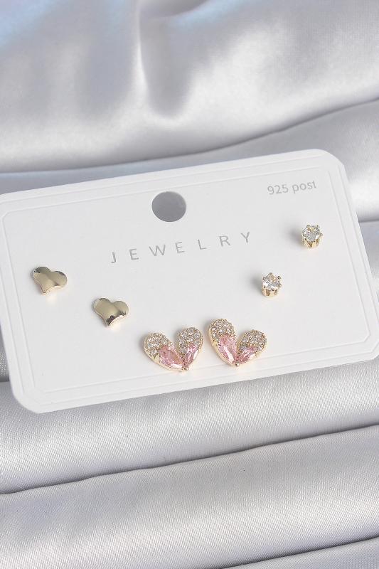 Pirinç Gold Renk Pembe Zirkon Taşlı Kalp Model 925 Ayar Gümüş Çivi Kadın Küpe Seti