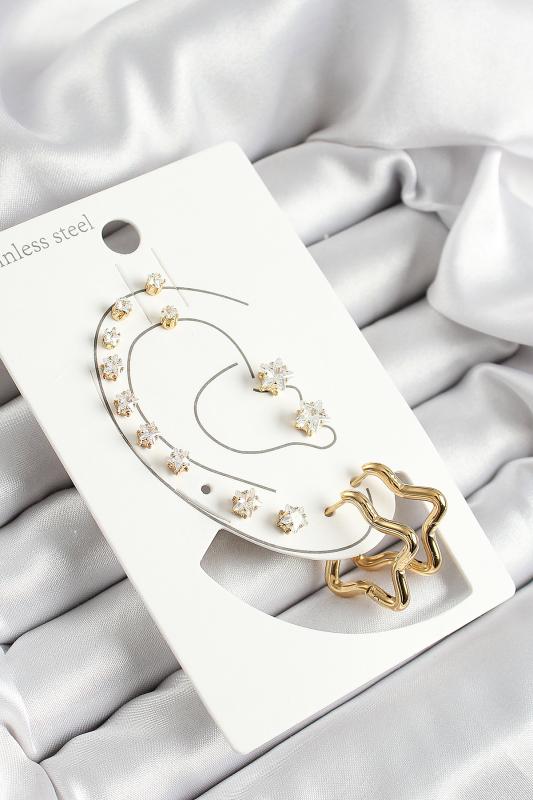 316L Çelik Yıldız Figürlü Ve Zirkon Taşlı Gold Renk 7’li Çift Kadın Küpe Set