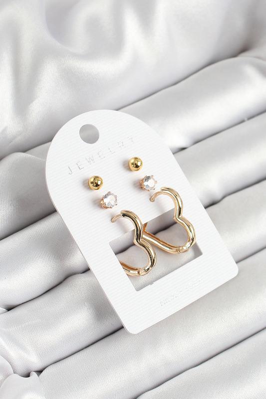Pirinç Zirkon Taş Ve Kalp Figürlü Gold Renk 3’lü Çift Kadın Küpe Set