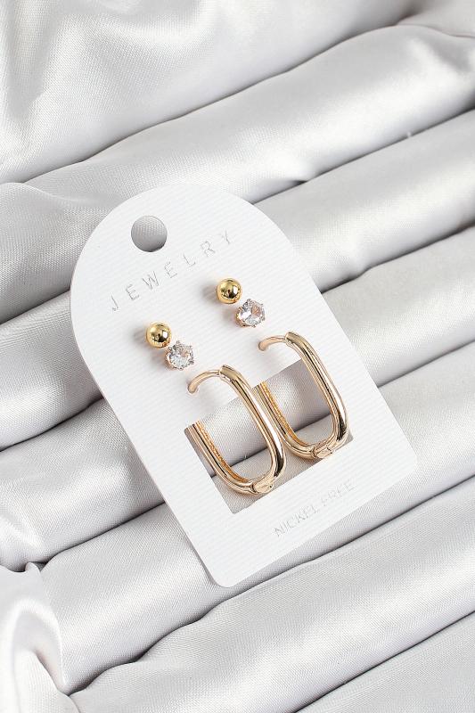 Pirinç Zirkon Taş Ve Dikdörtgen Figürlü Gold Renk 3’lü Çift Kadın Küpe Set