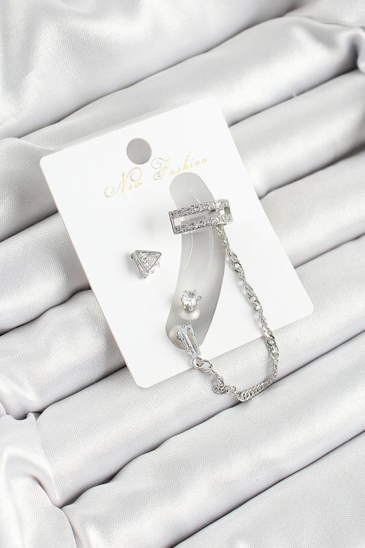 Pirinç Üçgen Figürlü Zirkon Taşlı Gümüş Renk 3’lü Kıkırdak Kadın Küpe Set
