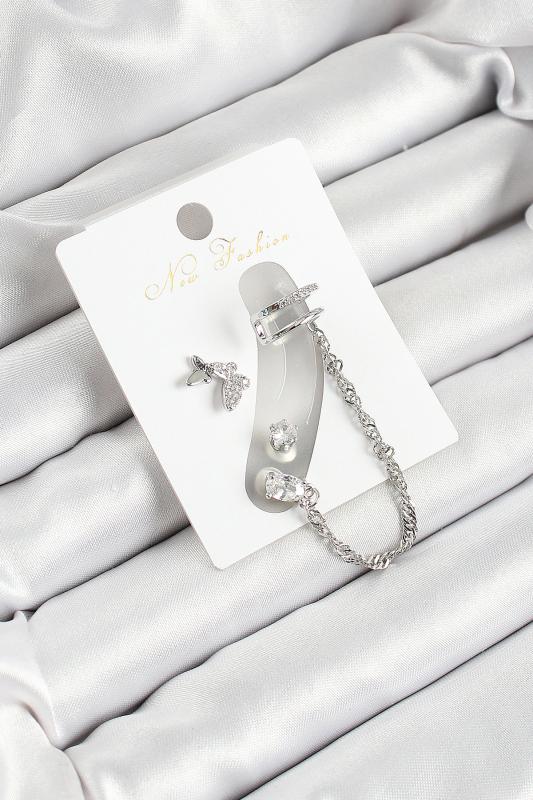Pirinç Kelebek Figürlü Zirkon Taşlı Gümüş Renk 3’lü Kıkırdak Kadın Küpe Set