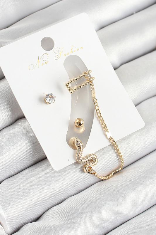 Pirinç Yılan Figürlü Zirkon Taşlı Gold Renk 3’lü Kıkırdak Kadın Küpe Set