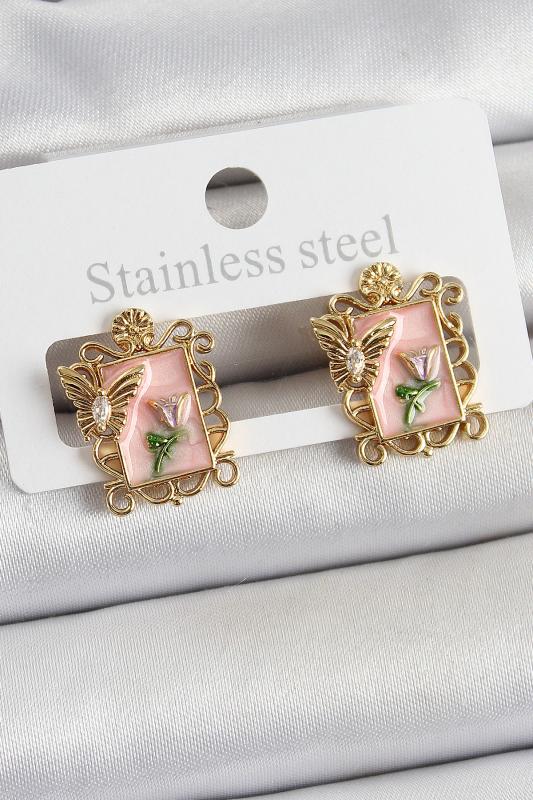 Pirinç Pembe Mineli Sanatsal Portre Model Gold Renk Kadın Küpe