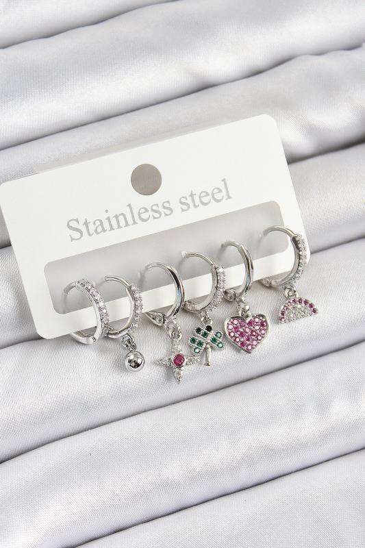 Pirinç Zirkon Taşlı Karpuz Yonca Kalp Pusula Karışık Model Gümüş Renk 6’lı Set Kadın Küpe