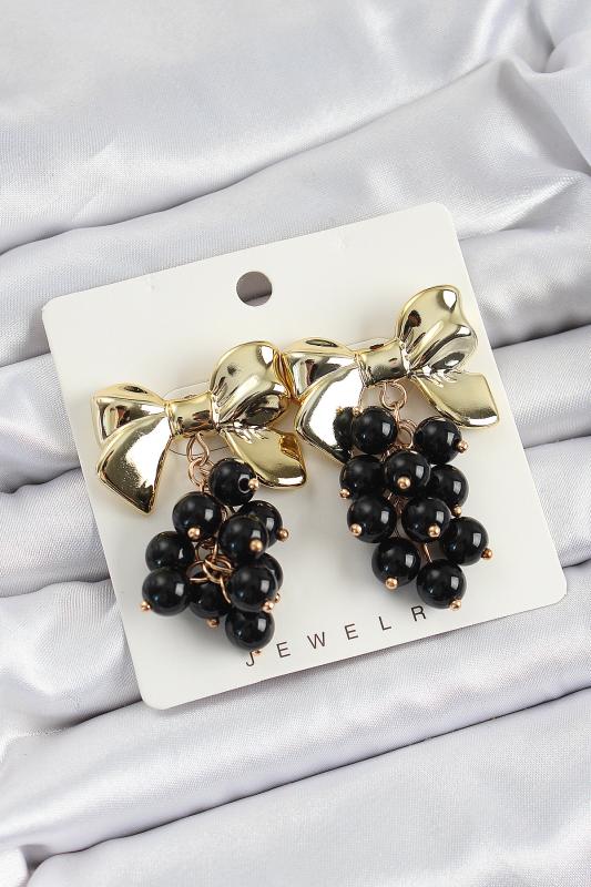 Pirinç Sallantılı Siyah Boncuklu Fiyonk Vintage Model Gold Renk Kadın Küpe