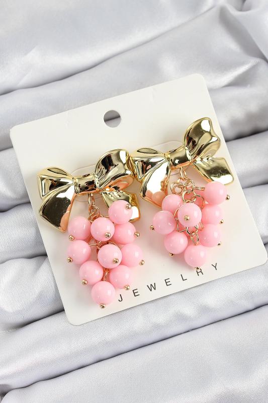 Pirinç Sallantılı Pembe Boncuklu Fiyonk Vintage Model Gold Renk Kadın Küpe