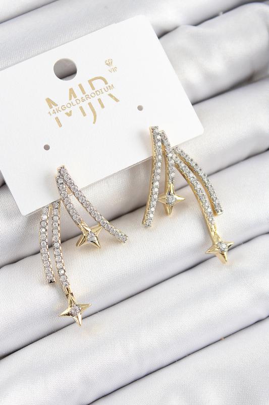 Pirinç Zirkon Taşlı Kayan Yıldız Model Gold Ve Gümüş Renk Kadın Küpe