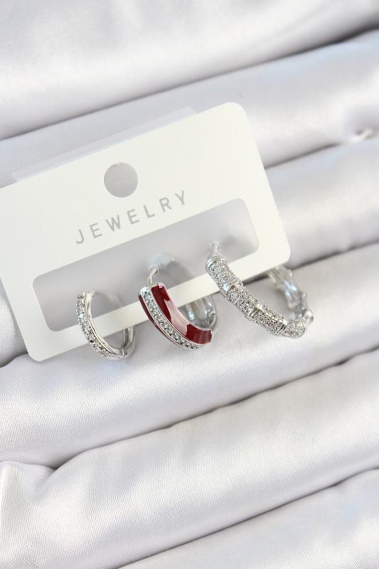 Pirinç Zirkon Taşlı Bordo Pembe Halka Model Gümüş Renk 3’lü Çift Kadın Küpe Set