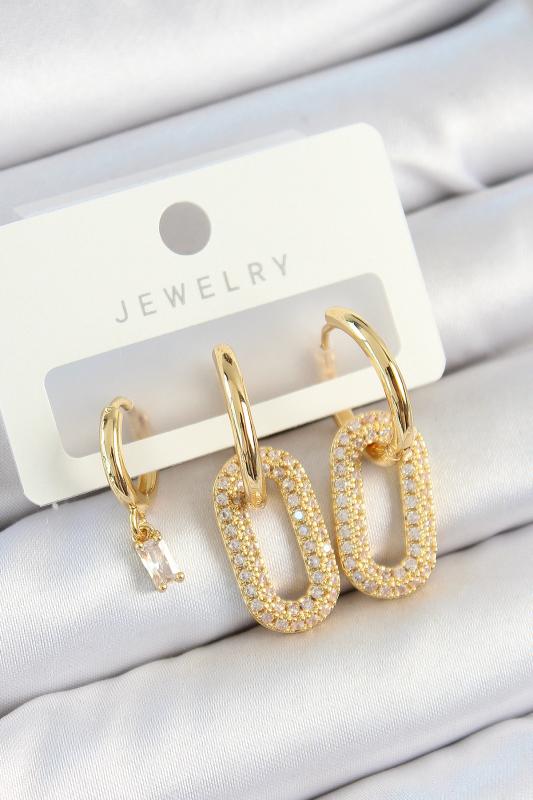 Pirinç Zirkon Taşlı Dikdörtgen Model Gold Renk 3’lü Çift Kadın Küpe Set