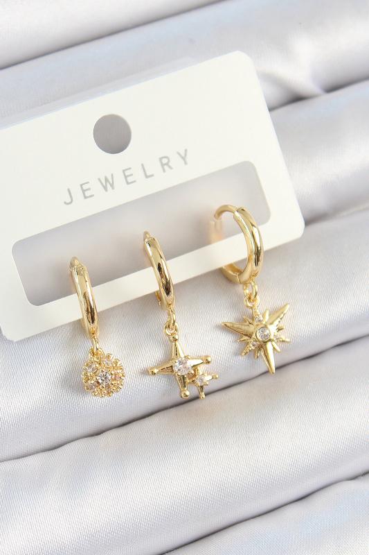 Pirinç Zirkon Taşlı Yıldız Model Gold Renk 3’lü Çift Kadın Küpe Set