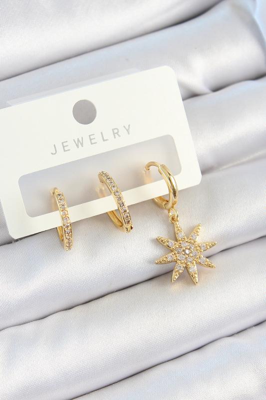Pirinç Zirkon Taşlı Kutup Yıldızı Model Gold Renk 3’lü Çift Kadın Küpe Set