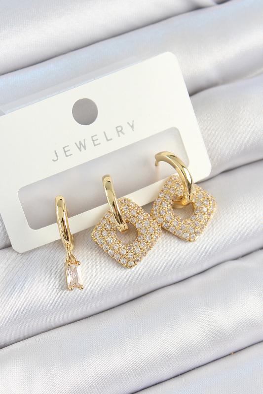 Pirinç Zirkon Taşlı Kare Model Gold Renk 3’lü Çift Kadın Küpe Set