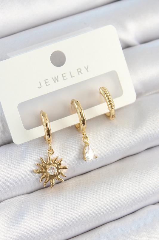 Pirinç Zirkon Taşlı Güneş Model Gold Renk 3’lü Çift Kadın Küpe Set
