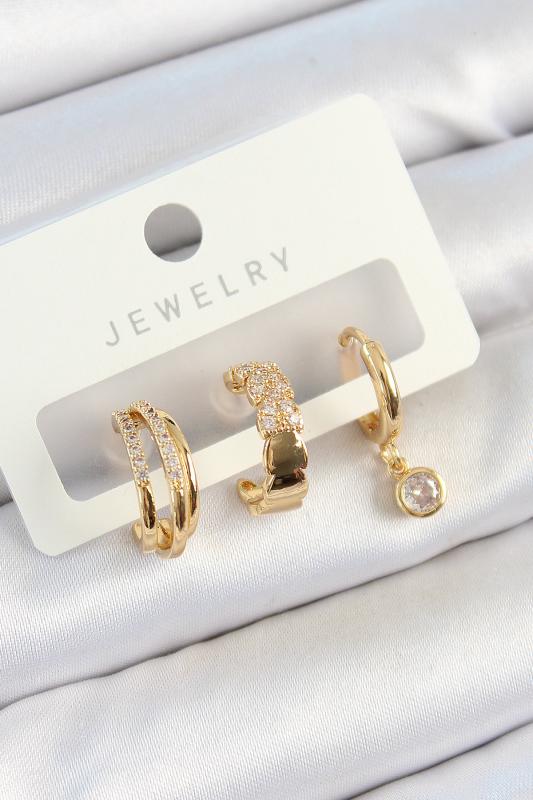 Pirinç Zirkon Taşlı Halka Model Gold Renk 3’lü Çift Kadın Küpe Set