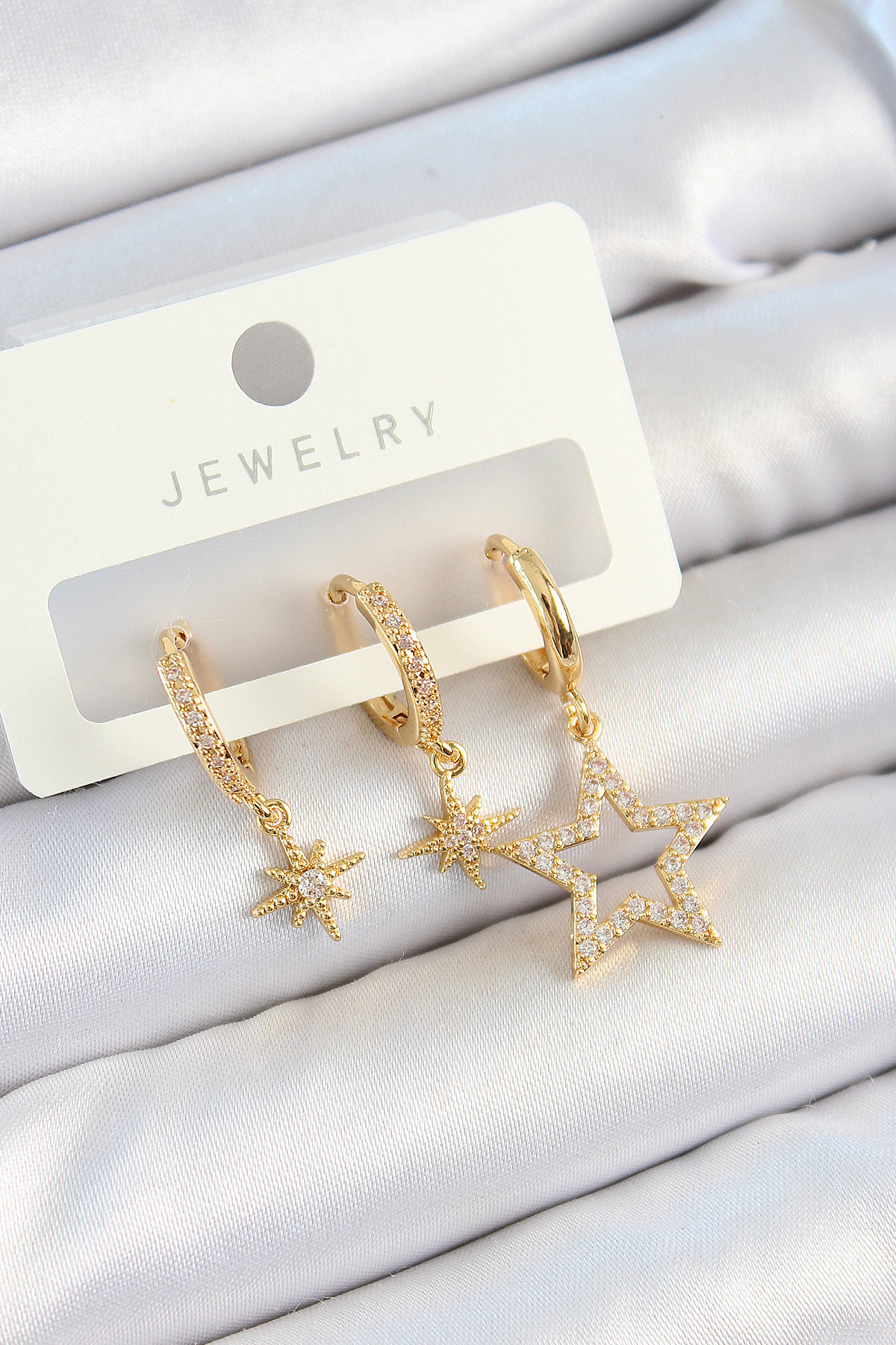 Pirinç Zirkon Taşlı Yıldız Model Gold Renk 3’lü Çift Kadın Küpe Set