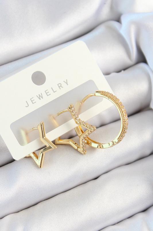 Pirinç Zirkon Taşlı Yıldız Ve Halka Model Gold Renk 3’lü Çift Kadın Küpe Set