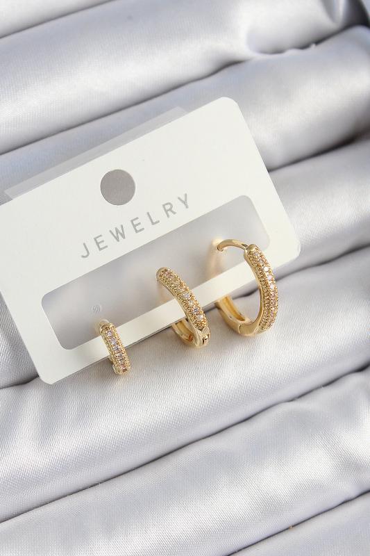 Pirinç Zirkon Taşlı Halka Model Gold Renk 3’lü Çift Kadın Küpe Set