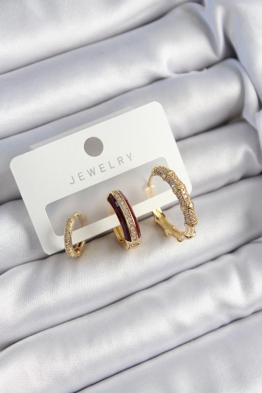 Pirinç Zirkon Taşlı Bordo Halka Model Gold Renk 3’lü Çift Kadın Küpe Set