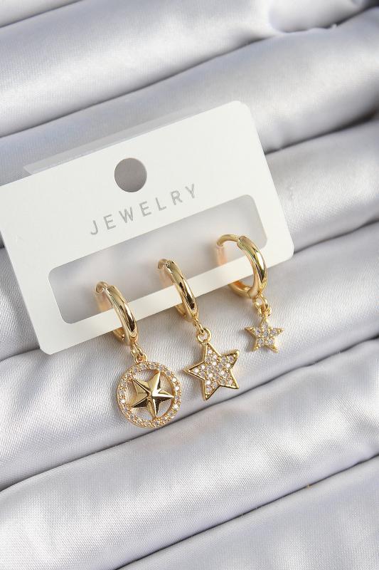 Pirinç Zirkon Taşlı Yıldız Model Gold Renk 3’lü Çift Kadın Küpe Set