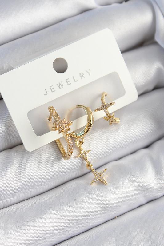 Pirinç Zirkon Taşlı Yıldız Model Gold Renk 3’lü Çift Kadın Küpe Set