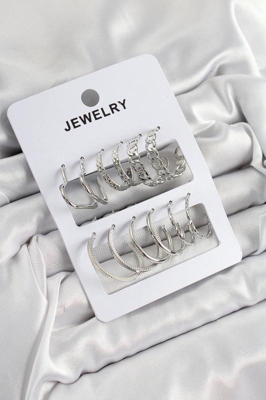 Pirinç Karışık Halka Model Gümüş Renk 6 Çift Kadın Küpe Set