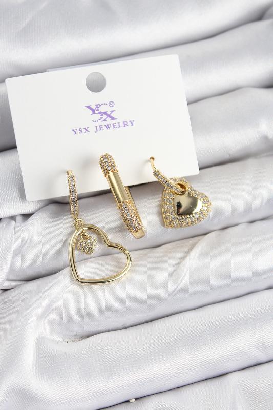 Pirinç Zİrkon Taşlı Kalp Model Gold Renk 3’lü Kadın Küpe