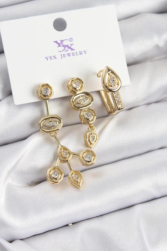 Pirinç Zİrkon Taşlı Geometrik Model Gold Renk 3’lü Kadın Küpe