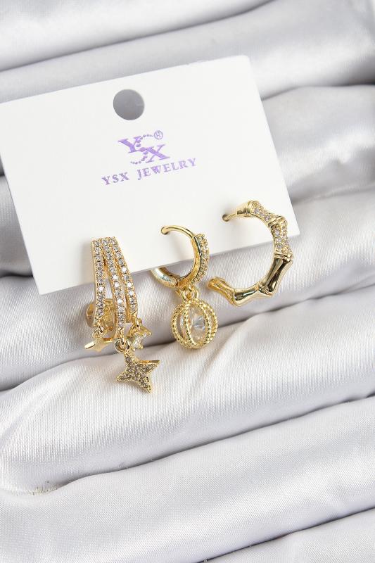 Pirinç Zİrkon Taşlı Sallantılı Yıldız Model Gold Renk 3’lü Kadın Küpe