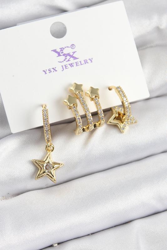 Pirinç Zİrkon Taşlı Sallantılı Yıldız Model Gold Renk 3’lü Kadın Küpe