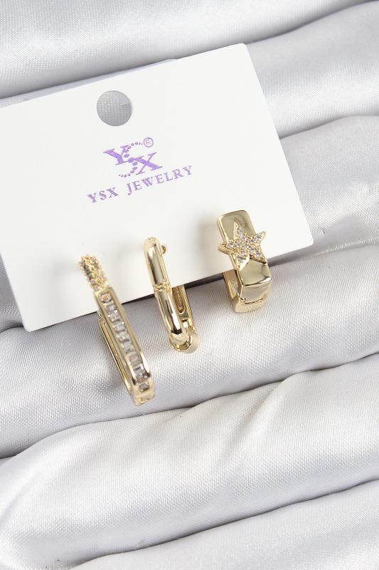 Pirinç Zİrkon Taşlı Yıldız Model Gold Renk 3’lü Kadın Küpe